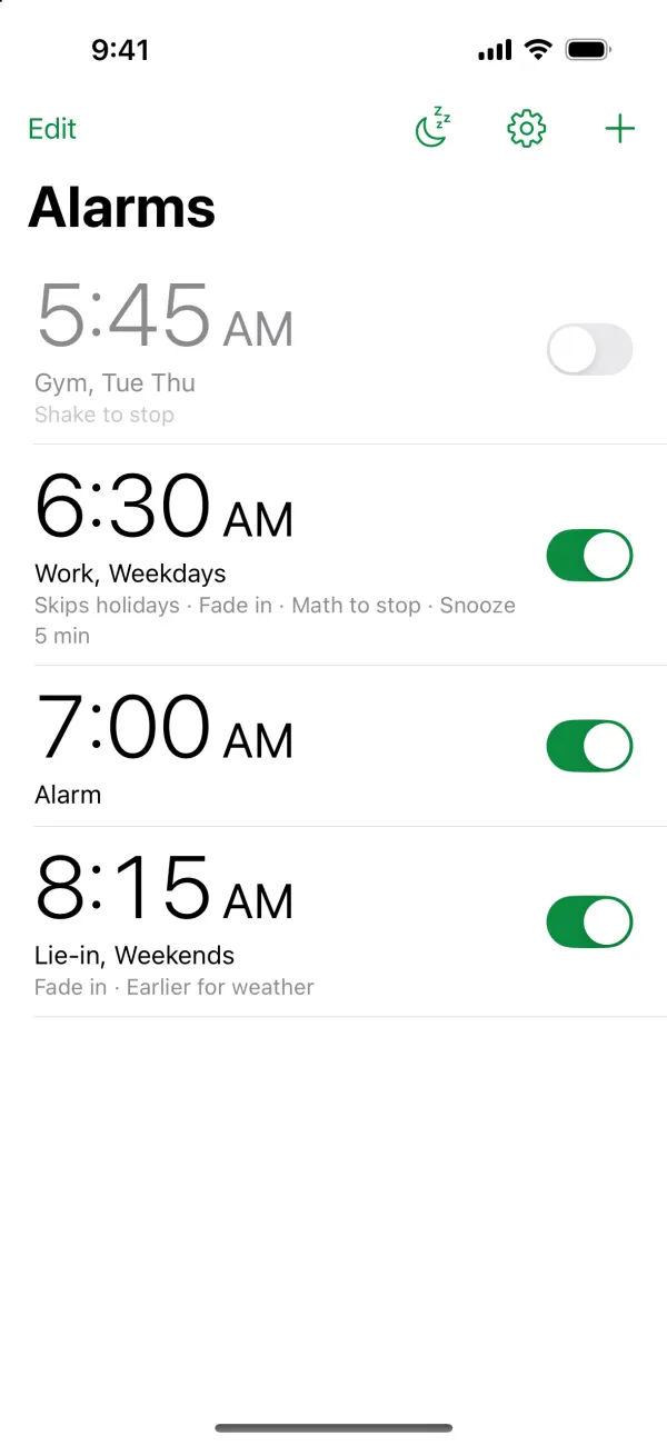 Nightstand's alarm list: each alarm with a line saying what it does, such as skips holidays, fade in and math to stop