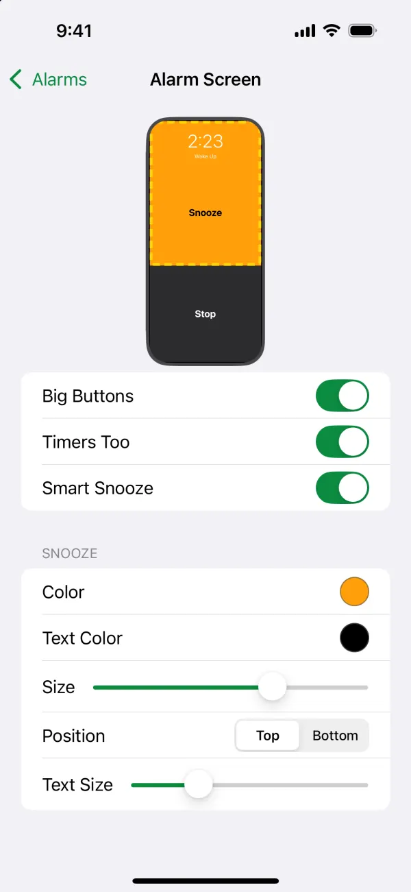 The Alarm Screen page: a live preview with a big orange Snooze area over Stop