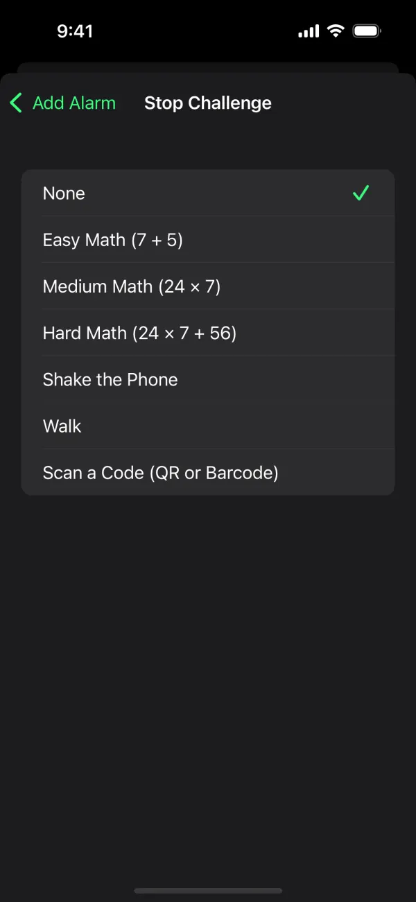 Stop Challenge choices: easy, medium or hard math, shake the phone, walk, or scan a code