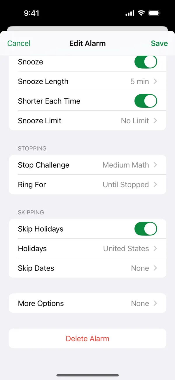 The alarm editor's snooze, stopping and skipping options