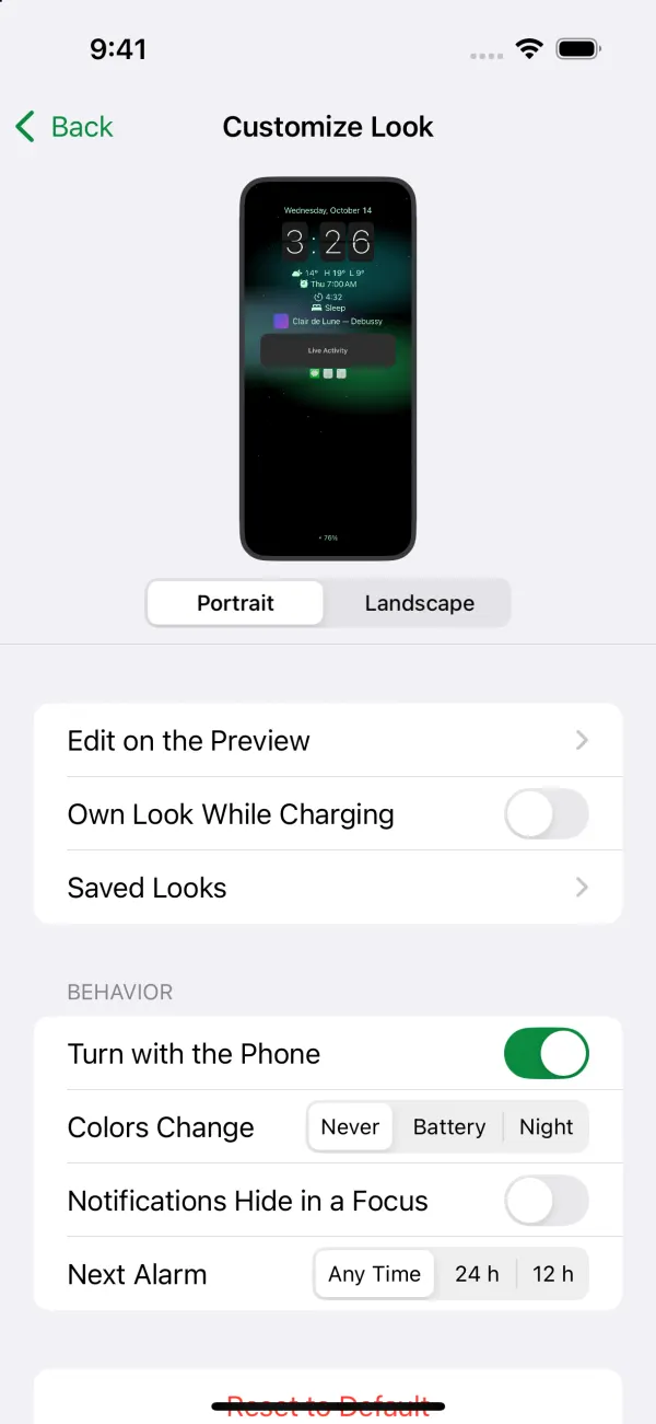 The Customize Look page with a live preview of the display